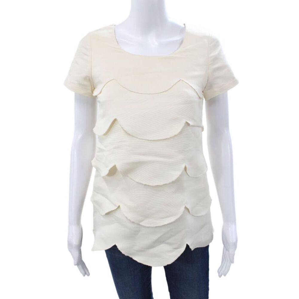 Porter Grey Womens Ivory Cotton Scoop Neck Scalloped Short Sleeve Blouse Size S
